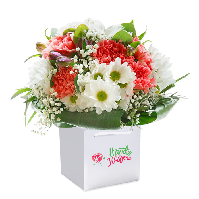 Carefully arranged by the expert hands at Flower Delivery Amersham, this radiant bouquet stands upright within a structured white gift bag, set against a seamless white background in a scene brimming with elegance. At its heart are frilly coral and red carnations, their soft ruffled layers exuding life and a gentle, sweet fragrance. Scattered throughout are pristine white daisies, each with a bright green-yellow centre, refreshing the composition like a light breeze through King George V Playing Fields. Wisps of baby's breath provide a feathery touch, floating between the prominent blooms and adding an ethereal finish. Deep green, glossy foliage unfurls around the base, cocooning the flowers just as Amersham's mature trees envelop its hidden lanes. Among the blooms, a few tightly closed, purple-tinged buds lend depth and expectancy to the arrangement, hinting at further beauty yet to unfold. White ribbon handles frame the gift bag's top, supporting hassle-free collection or delivery along Amersham's bustling high street. Illuminated by gentle, natural light, every bloom and leafy accent shines with freshness and expert care, making this bouquet a versatile and sophisticated choice for birthdays, anniversaries, or simply as a thoughtful gesture to brighten a loved one's day.
