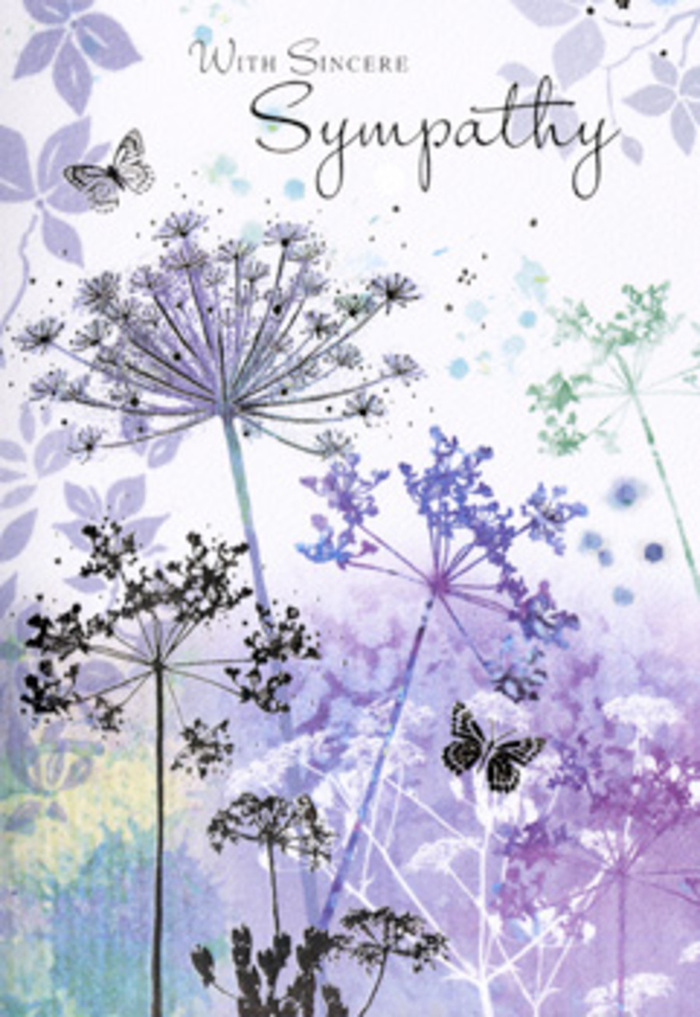 There is a soft, meditative beauty in this sympathy card's illustration, reminiscent of looking across the slopes near Amersham as twilight settles and colours begin to blur. Tall, slender stems anchor the lower edge of the image, each one lifting an intricate spray of umbelliferous blooms, like fine lace held up to the sky. These flower heads are composed of tiny clustered florets, whispered into existence with strokes of violet, lavender, powder blue, and touches of silvery green. They are neither fully solid nor sharply outlined; instead, they appear slightly translucent, as though touched by mist. The background behind them is a serene gradient of soft purples, pale blues, and muted greens, blending together in a watercolour wash that evokes distant meadows and hedgerows dissolving into haze beyond the town. A pair of pale butterflies float near the upper portion of the card, their wings only lightly shaded, giving the impression of gentle motion and delicate companionship in a time of sorrow. The light feels diffuse and even, without strong highlights or shadows, creating an overall sense of calm that wraps around the viewer. Negative space is used thoughtfully, with open areas of soft colour allowing the eye to rest between the more detailed blooms, much as moments of silence offer space for memory and reflection during times of grief. For families in Amersham who turn to flowers and cards to express condolences, this design offers more than imagery; it offers a quiet moment to pause and breathe. From the perspective of an experienced local florist, it feels like a visual extension of a heartfelt embrace, respectful and sincere, guided by the enduring language of nature.