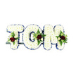 A gentle, dignified funeral tribute that spells 'TOM' in three-dimensional letters, each letter built from a dense, pillowy carpet of small white chrysanthemums whose layered petals create a soft, tactile surface. The sculpted letters sit against a clean white background, the simplicity of the backdrop allowing the arrangement's textures and colours to read clearly: each letter's edges are crisply traced with a royal blue ribbon, the satin trim giving a cool, refined border that both defines and uplifts the white blooms. Within the body of each letter a small, balanced spray has been placed - a single deep red rose anchors each cluster, its velvety petals suggesting enduring love and sorrow, while creamy ivory spray roses and slender fern fronds weave around it, adding pale warmth and feathery green contrast. There is a faint, respectful fragrance - the subtle powder of chrysanthemums and the gentle, rose-sweet note - as if the bouquet were prepared in soft morning light. The letters are discreetly mounted on a dark metal support bar visible at the base, a practical, uncluttered hint of structure beneath the florals that keeps the composition upright. The overall mood is hushed and consoling, a carefully crafted expression of remembrance that reads as both a personal name and a calm embrace. As a local florist working in Amersham, I picture this displayed near the High Street service halls or in a quiet corner of a chapel, its classic palette of white, royal blue and burgundy offering a simple yet formal way to honour a beloved life.